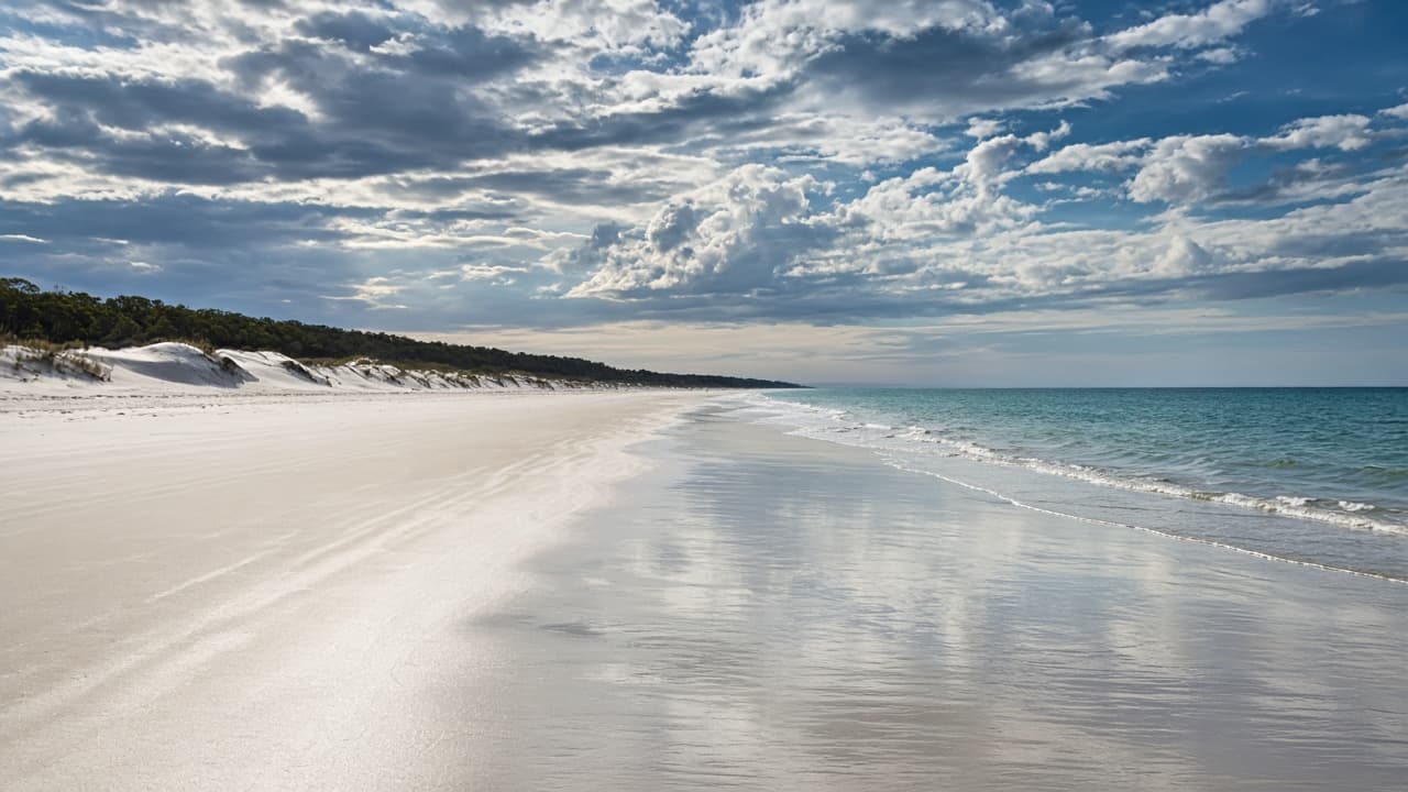 Seventy-five-mile-style island beach with tidal sheen and open ocean.