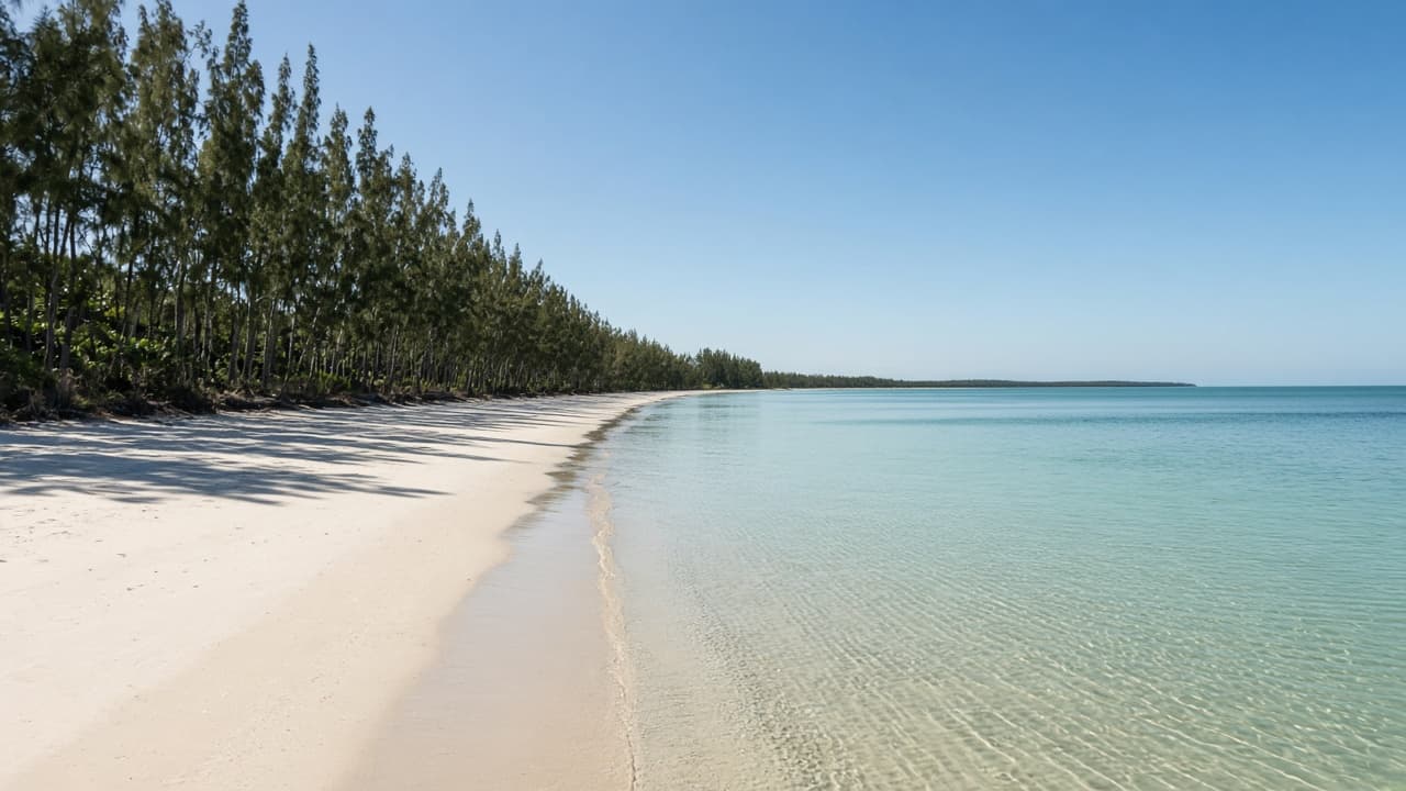 Empty pale Fraser Coast beach with glassy mint-aqua shallows and casuarinas.