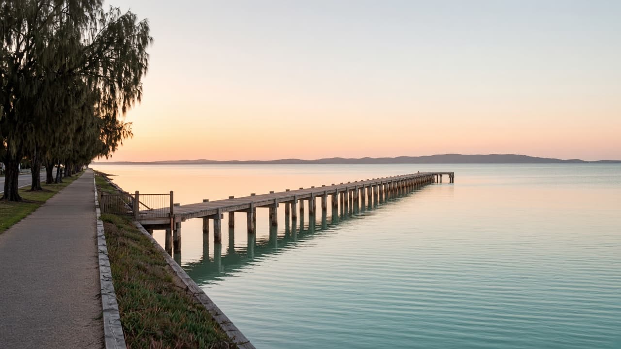 Hervey Bay jetty and calm water at sunrise.