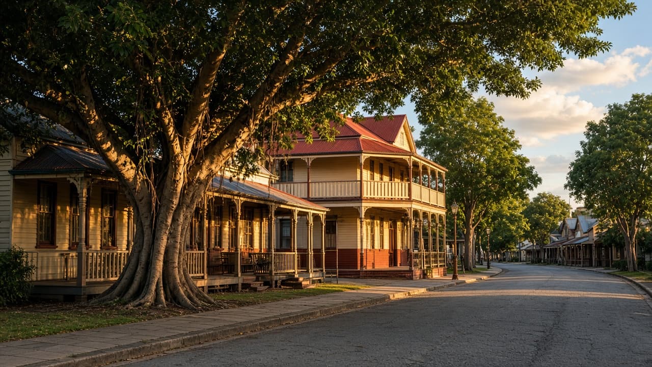 Heritage Queensland town street with timber verandahs in warm afternoon light.
