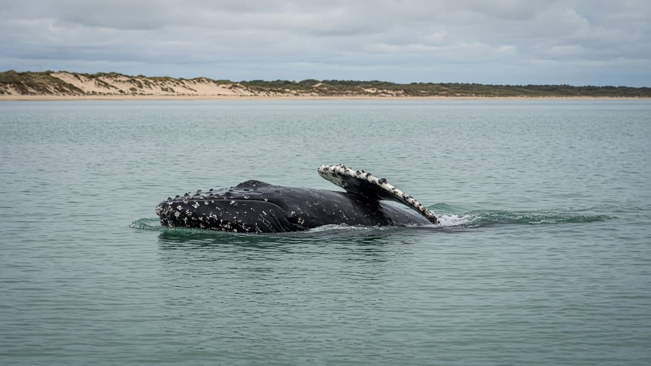 Humpback whale surfacing in a calm sheltered Queensland bay.