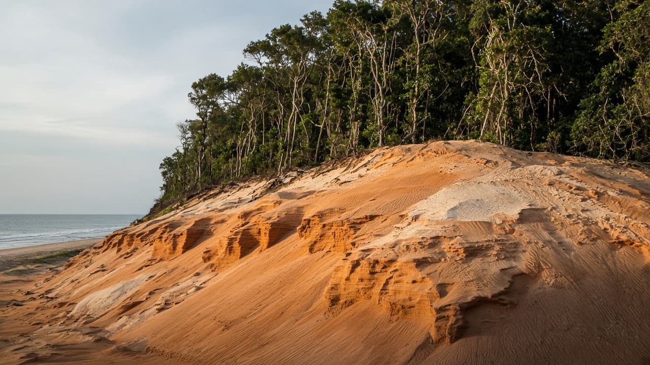 Rust-coloured K’gari sand dunes meeting a rainforest fringe.
