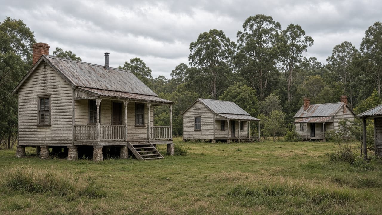 Weathered timber cottages on grass at a Queensland historical village.